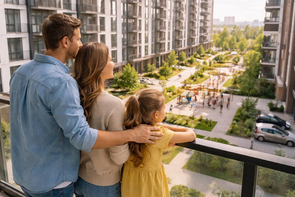 Семья на балконе новостройки с видом на благоустроенный двор