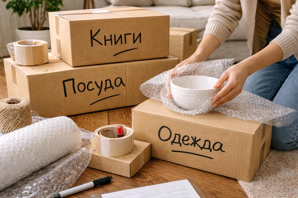 Процесс упаковки посуды и коробок перед переездом