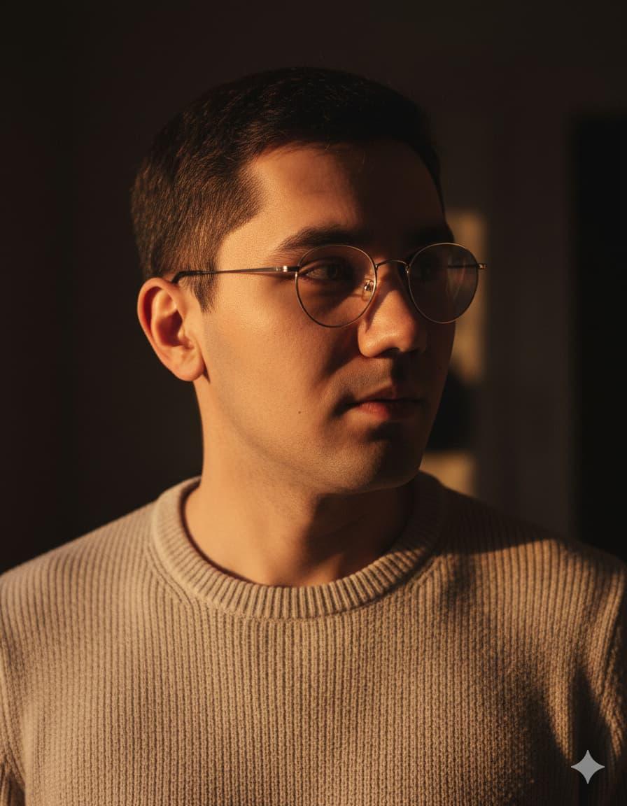 Тёплый портрет в свитере и очках по фото нейросеть