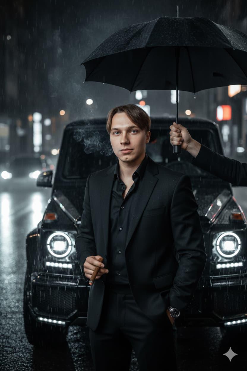 Noir под зонтом у G-Class по фото нейросеть